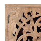 Light brown wooden cabinet door featuring intricate carved floral and curved patterns with open cutout details, showing a hinge on the left side.