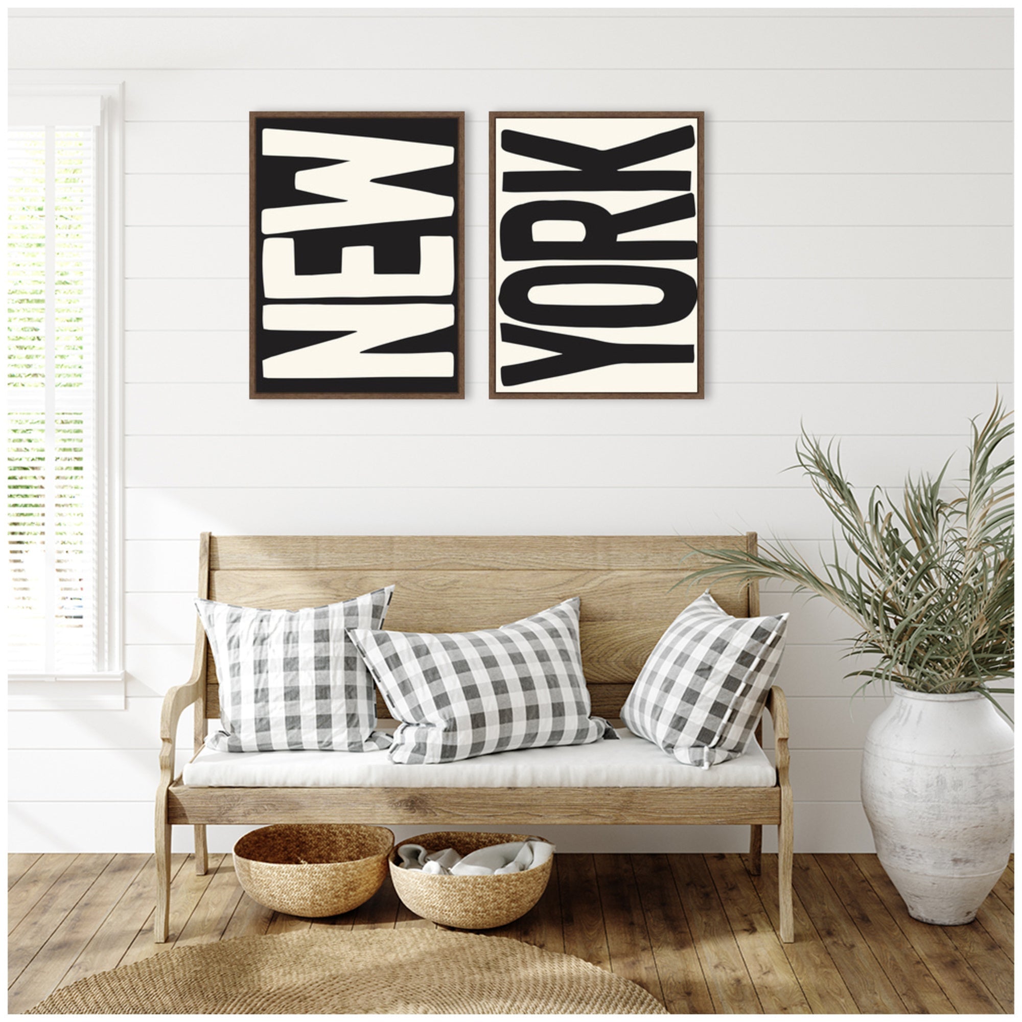 New York Set Print Travel City Typography Black and White 2 Piece Framed Canvas Wall Art Set by Lucky Guava