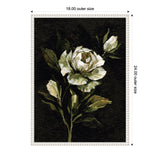 White rose with two buds and green leaves against a deep black background, framed in an ornate white rectangular frame.