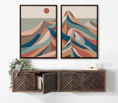 Sylvie Mid Century Modern Mountains Blue Framed Canvas Set