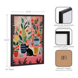 Colorful print with whimsical houseplants in patterned pots and a black cat sitting among them, framed in a natural oak wood frame with a black finish.