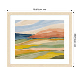 Abstract landscape in soft, layered colors with blue sky, red and green hills, and yellow-to-green fields, framed in natural wood with outer dimensions marked.