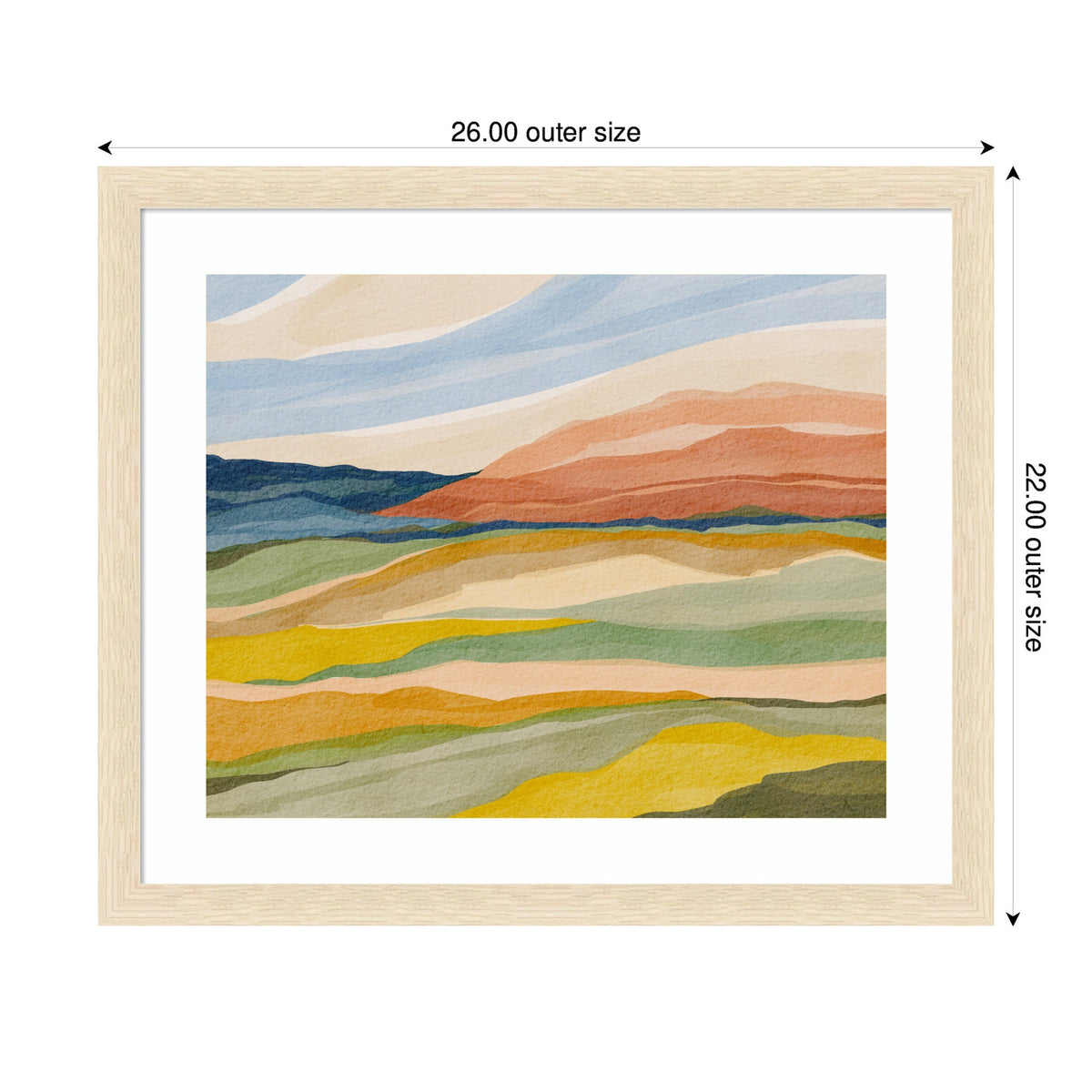 Abstract landscape in soft, layered colors with blue sky, red and green hills, and yellow-to-green fields, framed in natural wood with outer dimensions marked.