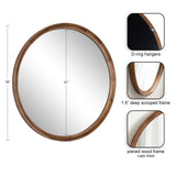 Round wall mirror with a 1.5-inch deep scooped frame made of pieced wood with a rustic finish, measuring 34 inches in diameter and 31-inch reflective surface.