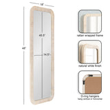 Tall rectangular wall mirror with 18-inch width and rounded corners, featuring a rattan wrapped frame in natural white finish and D-ring hangers for vertical or horizontal mounting.