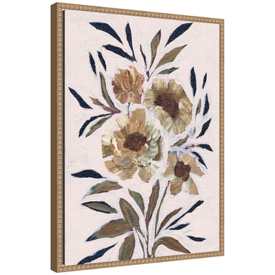 Sylvie Muted Paintrely Florals framed canvas art showing muted floral design in soft earth tones with a floating frame in beaded natural color.
