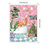 Illustration of a llama sitting in a white clawfoot bathtub surrounded by pink floral wallpaper and various green potted plants on checkered blue and pink tile floor.