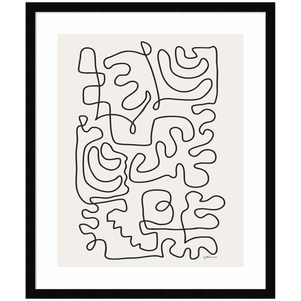 Connected Lines framed wall art print by Gabrielly Guedes, showing abstract line design on neutral background in a wooden frame