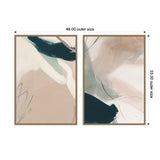 Two framed abstract canvases with flowing beige, cream, dark teal, and muted green brushstrokes, measuring 48 by 33 inches together in a natural wood frame.