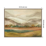 Softly blended horizontal mountainscape painting with muted beige, green, and rust tones in a thin, dark wooden frame, sized 42 by 32 inches.