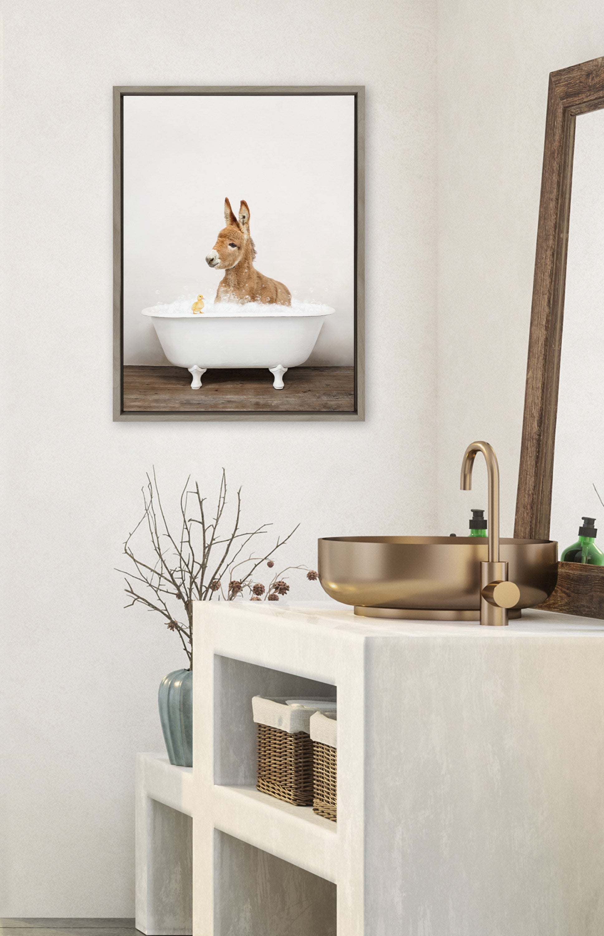 Sylvie Baby Donkey in Rustic Bath Framed Canvas by Amy Peterson Art Studio
