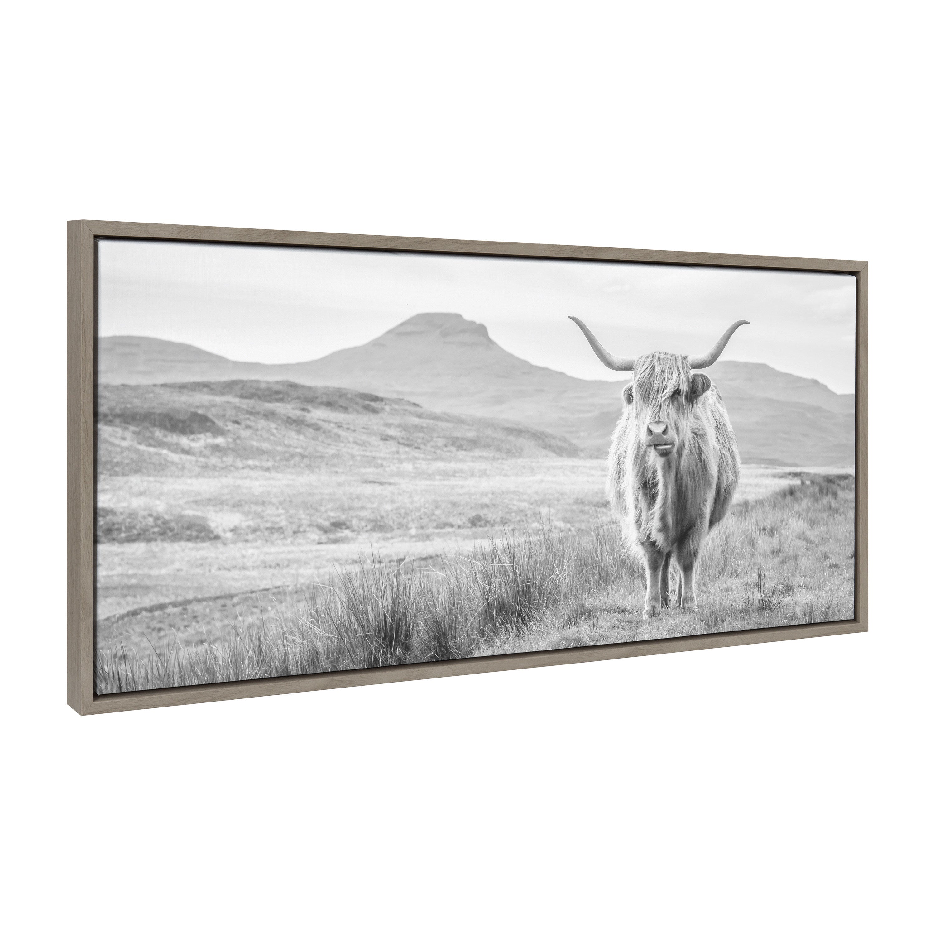 Sylvie Highland Cow Mountain Landscape Black and White Framed Canvas by