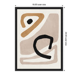 Abstract canvas art featuring beige and brown irregular shapes with bold black curved lines, framed in simple black, measuring 18 by 24 inches.