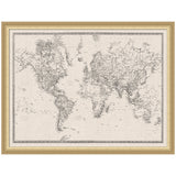 Framed vintage-style world map in black and white on textured linen fabric, showing detailed continents and maritime routes in a light beige and black color scheme.