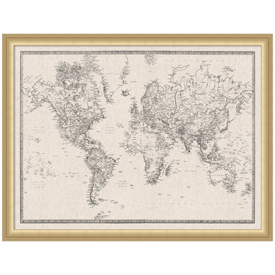 Framed Fabric Pinboard Vintage Black and White Linen World Map Wall Organization