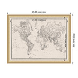Framed vintage-style black and white world map printed on textured linen fabric, with outer frame dimensions 26x20 inches and inner map size 24x18 inches.