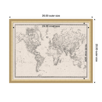 Framed Fabric Pinboard Vintage Black and White Linen World Map Wall Organization