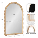 Arched wall mirror with a natural wood frame featuring a stepped design and evenly spaced round beaded trim along the edge, shown with dimensions and detail close-ups.