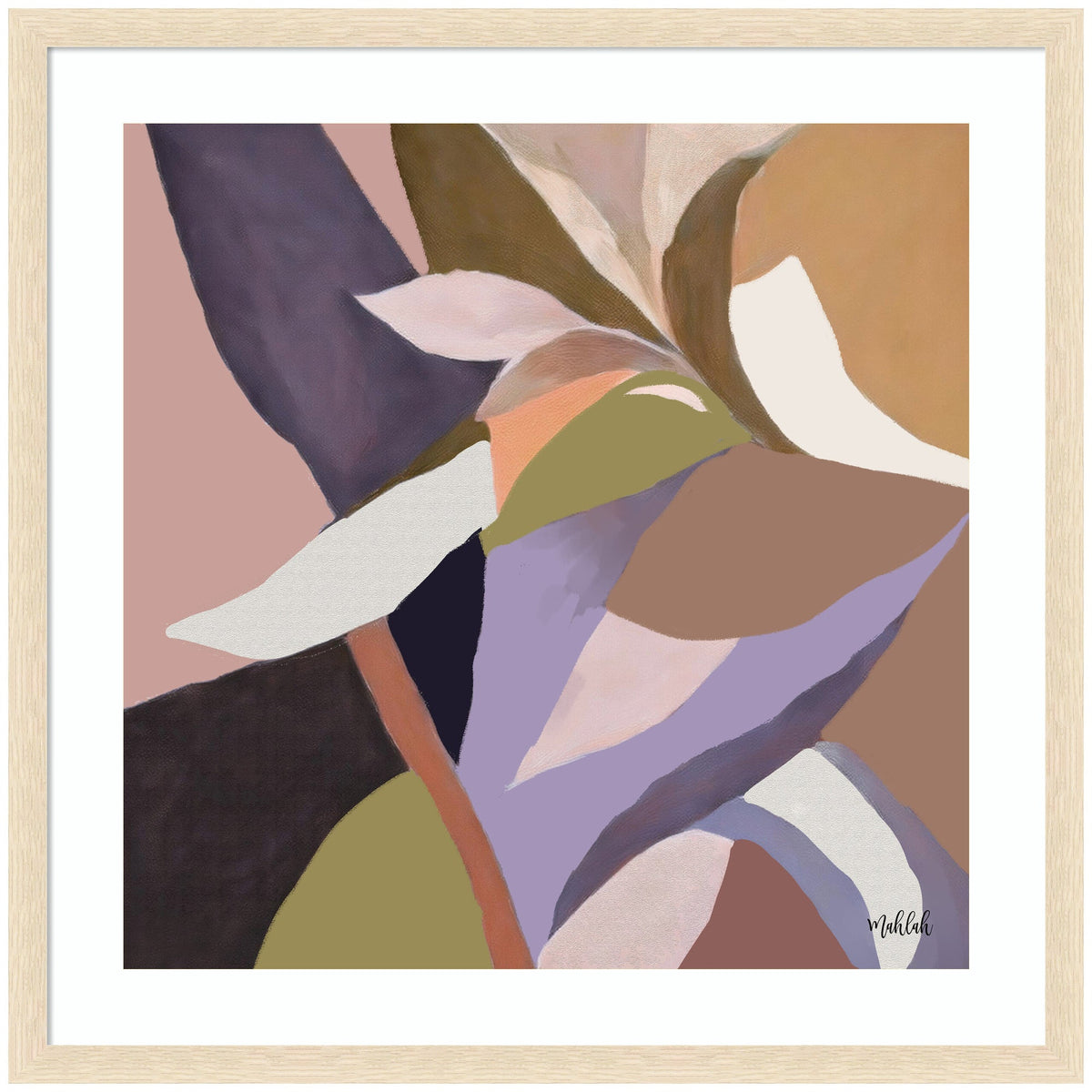 Abstract botanical composition with overlapping leaf shapes in muted purples, browns, greens, and creams, framed in light wood with a white mat.