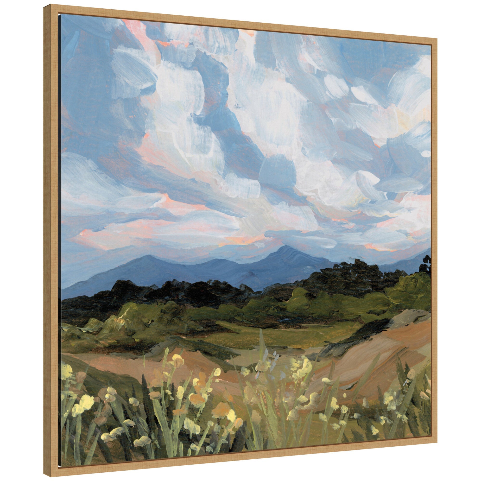 Garden of Gods framed canvas wall art print showing rolling fields with mountains and cloud-filled sky