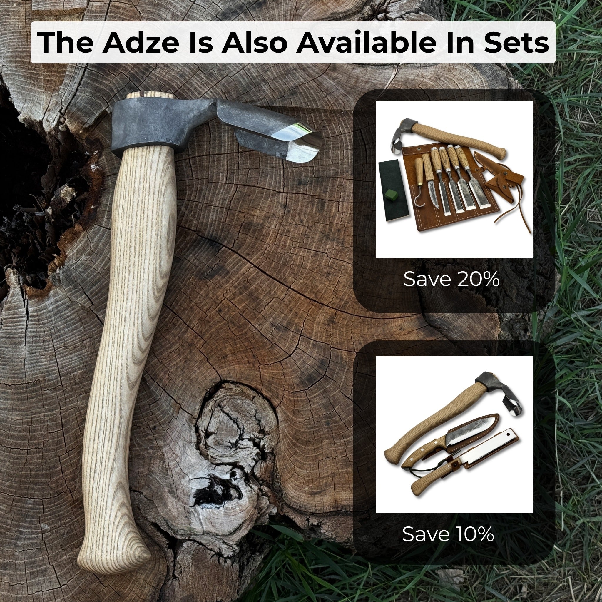 Deep Curved Bowl Adze with hand-forged carbon steel blade and ash wood handle