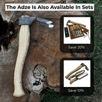 Deep Curved Bowl Adze with hand-forged carbon steel blade and ash wood handle