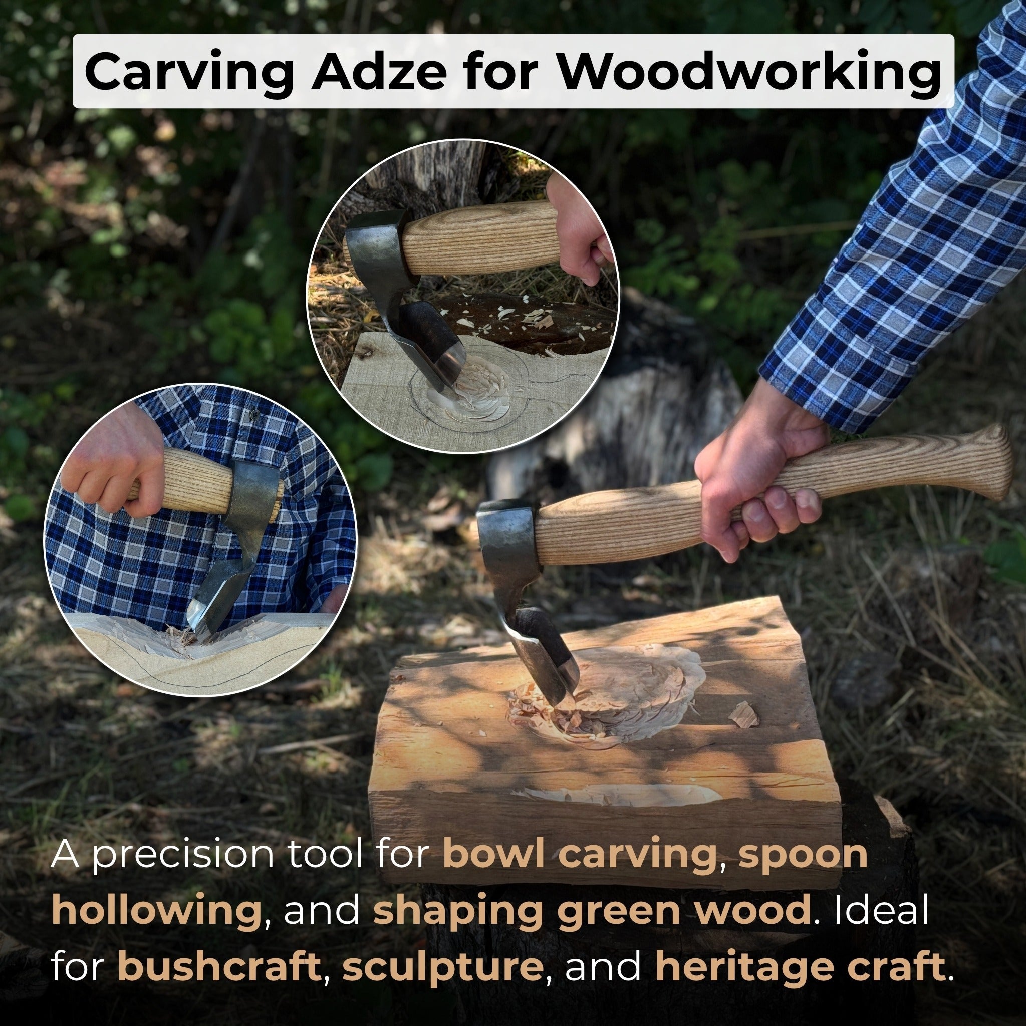 Deep Curved Bowl Adze with hand-forged carbon steel blade and ash wood handle