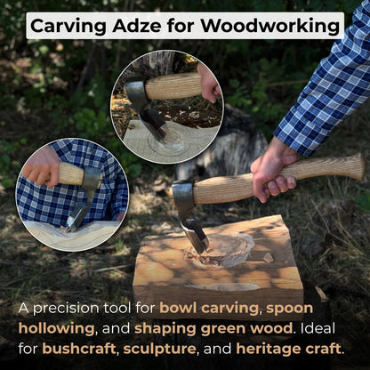 Deep Curved Bowl Adze with hand-forged carbon steel blade and ash wood handle