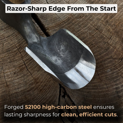 Deep Curved Bowl Adze with hand-forged carbon steel blade and ash wood handle