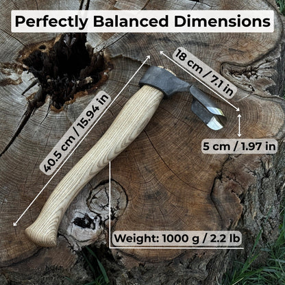 Deep Curved Bowl Adze with hand-forged carbon steel blade and ash wood handle
