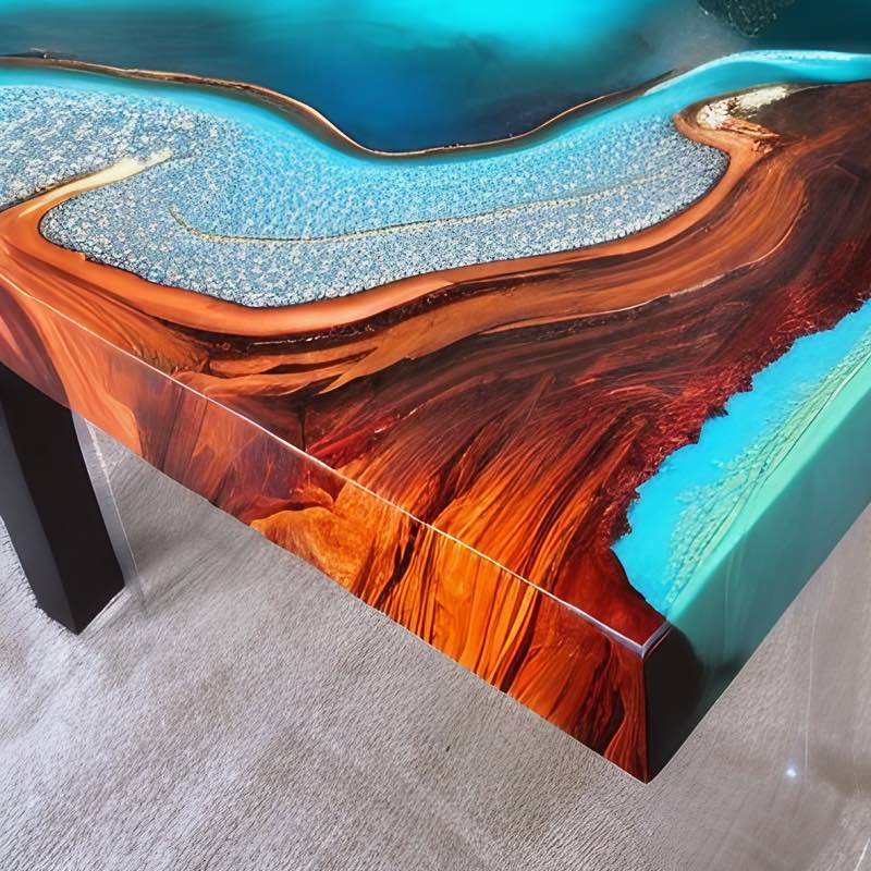Table with a unique design featuring a combination of wood and blue resin.