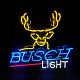 Yellow neon outline of a deer's head with antlers above blue neon 'BUSCH' and white neon 'LIGHT' text on a black background