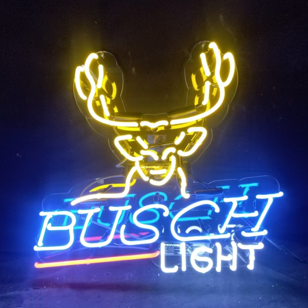 Deer Busch Light Beer Neon Sign with metal grid backing and illuminated glass tubes