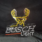 Neon sign featuring a stylized yellow deer head with antlers above white text reading 'BUSCH LIGHT' and an orange underline, set against a dark background.