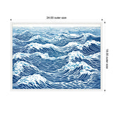Framed linocut art depicting abstract ocean waves in layered blue and white patterns, sized 24 by 18 inches with a minimalist white frame.