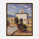 Painting of a small desert chapel with a white bell tower under a lightly clouded blue sky, framed by desert plants and rugged earth tones.