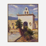 Oil painting of a desert chapel with a white bell tower against a partly cloudy sky, featuring shadows from nearby palm trees on sandy ground.