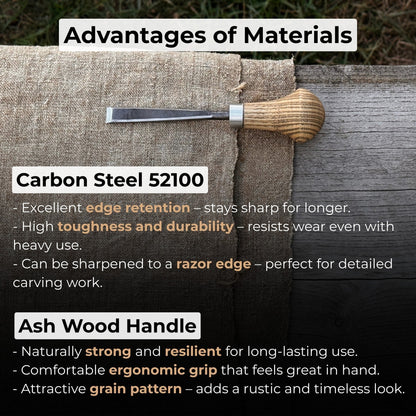 Detail carving chisel with palm handle, 10 mm blade, hand-forged carbon steel blade and ash wood handle