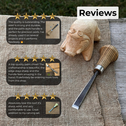 Detail carving chisel with palm handle, 10 mm blade, hand-forged carbon steel blade and ash wood handle