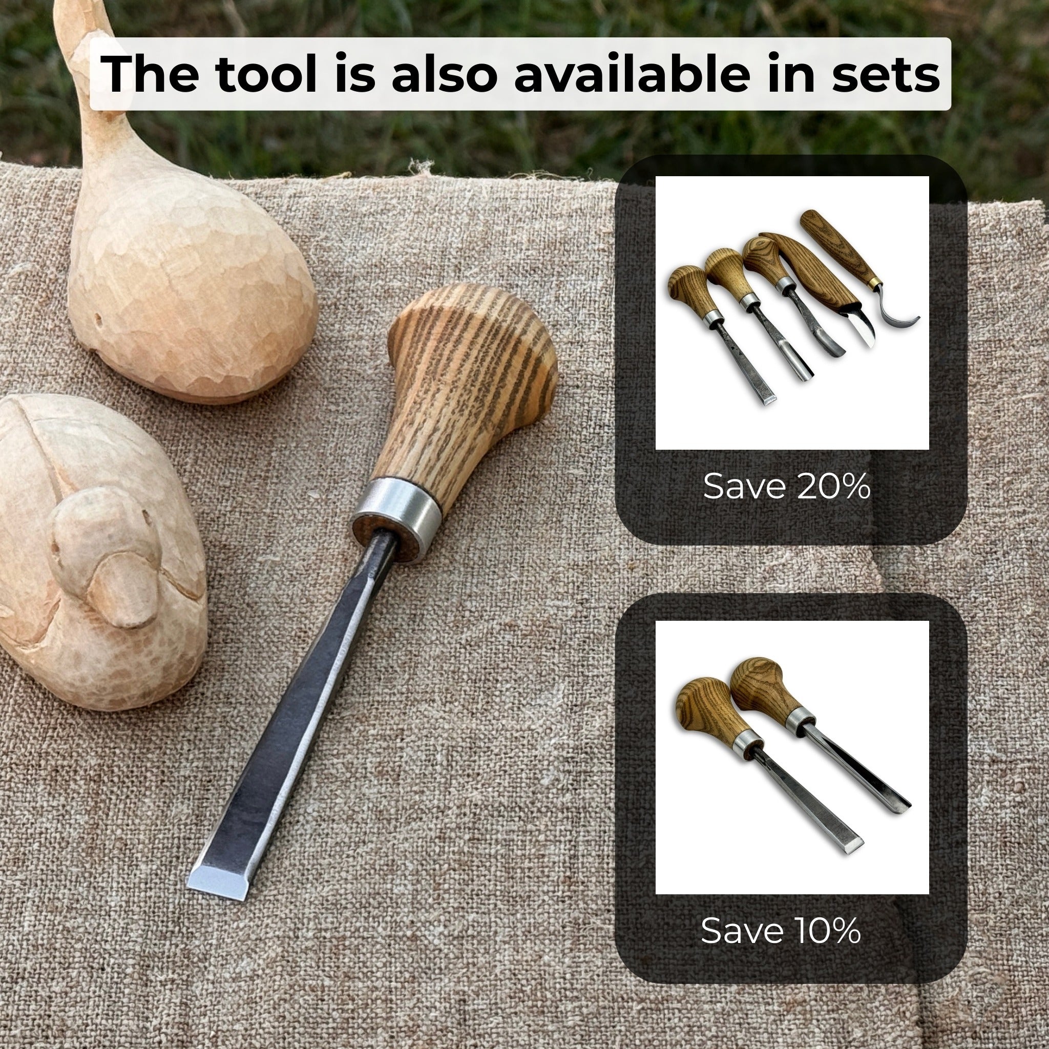 Detail carving chisel with palm handle, 10 mm blade, hand-forged carbon steel blade and ash wood handle