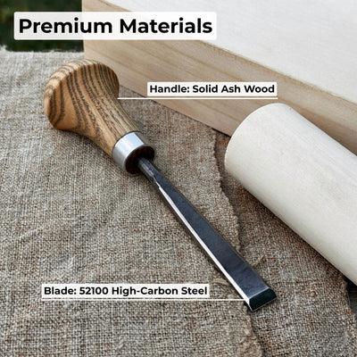 Detail carving chisel with palm handle, 10 mm blade, hand-forged carbon steel blade and ash wood handle