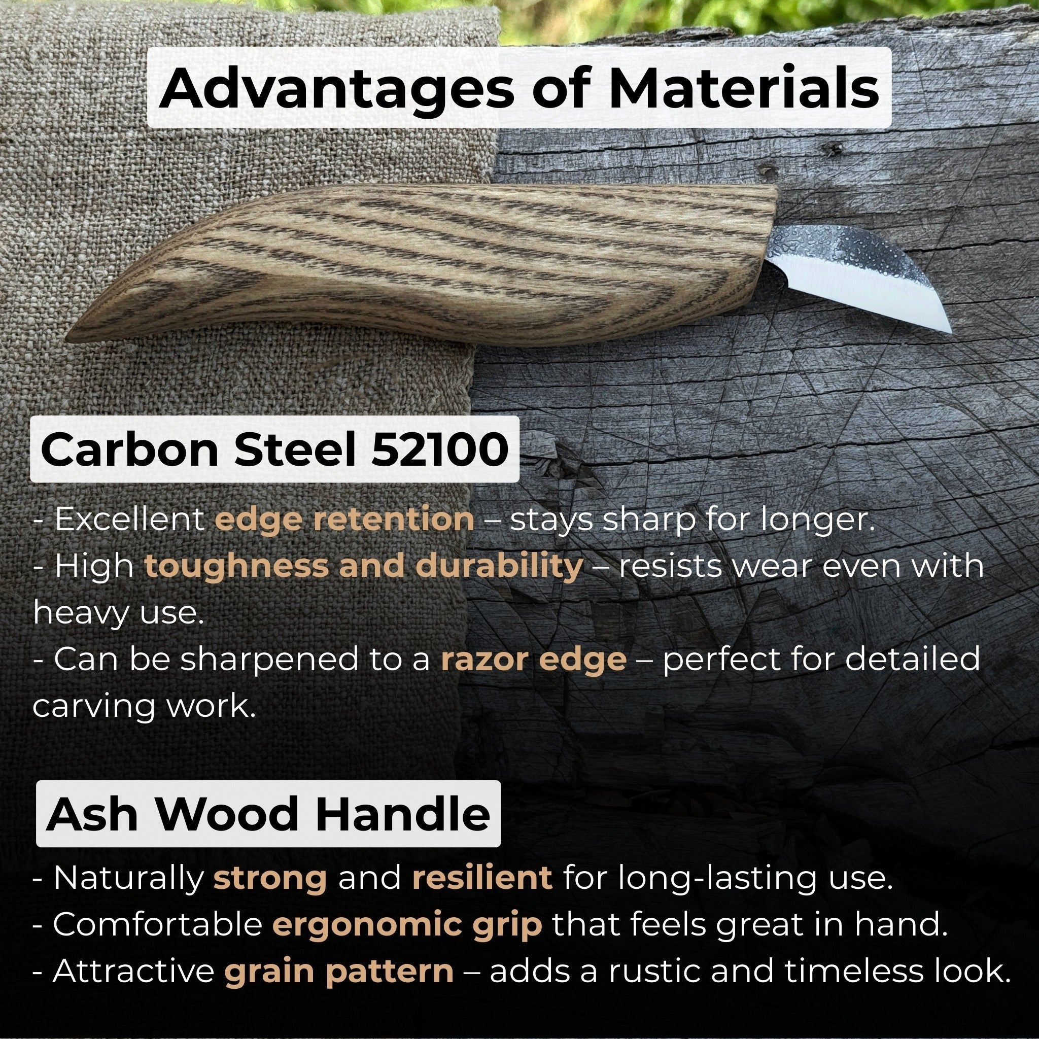 Detail Chip Carving Knife with 3 cm blade and ash wood handle by Sharky Forged Steel Tools