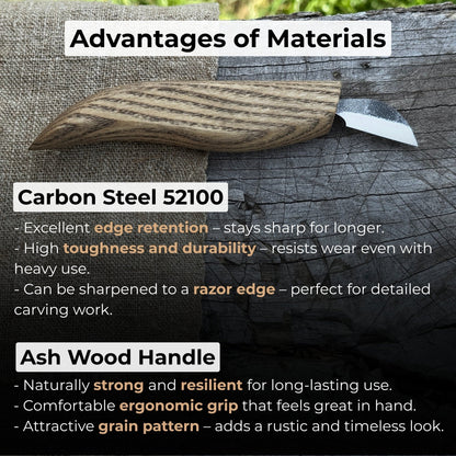 Detail Chip Carving Knife with 3 cm blade and ash wood handle by Sharky Forged Steel Tools