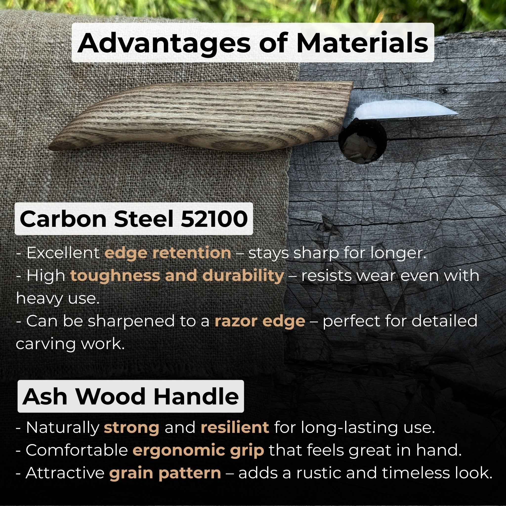 Detail Knife for Wood Carving with 4 cm blade and ash wood handle by Sharky Forged Steel Tools