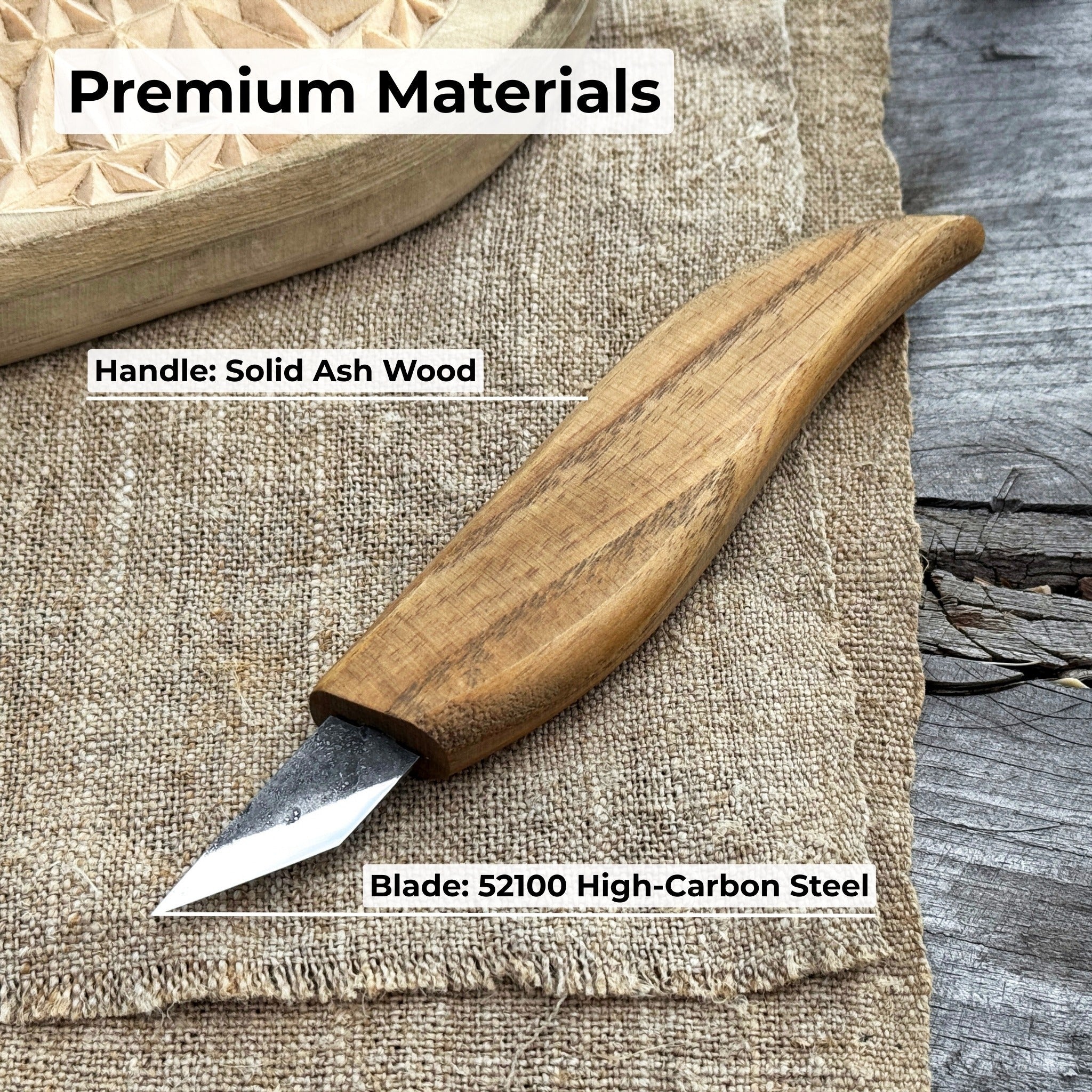 Detail wood carving knife with 2.5 cm blade and ash wood handle by Sharky Forged Steel Tools