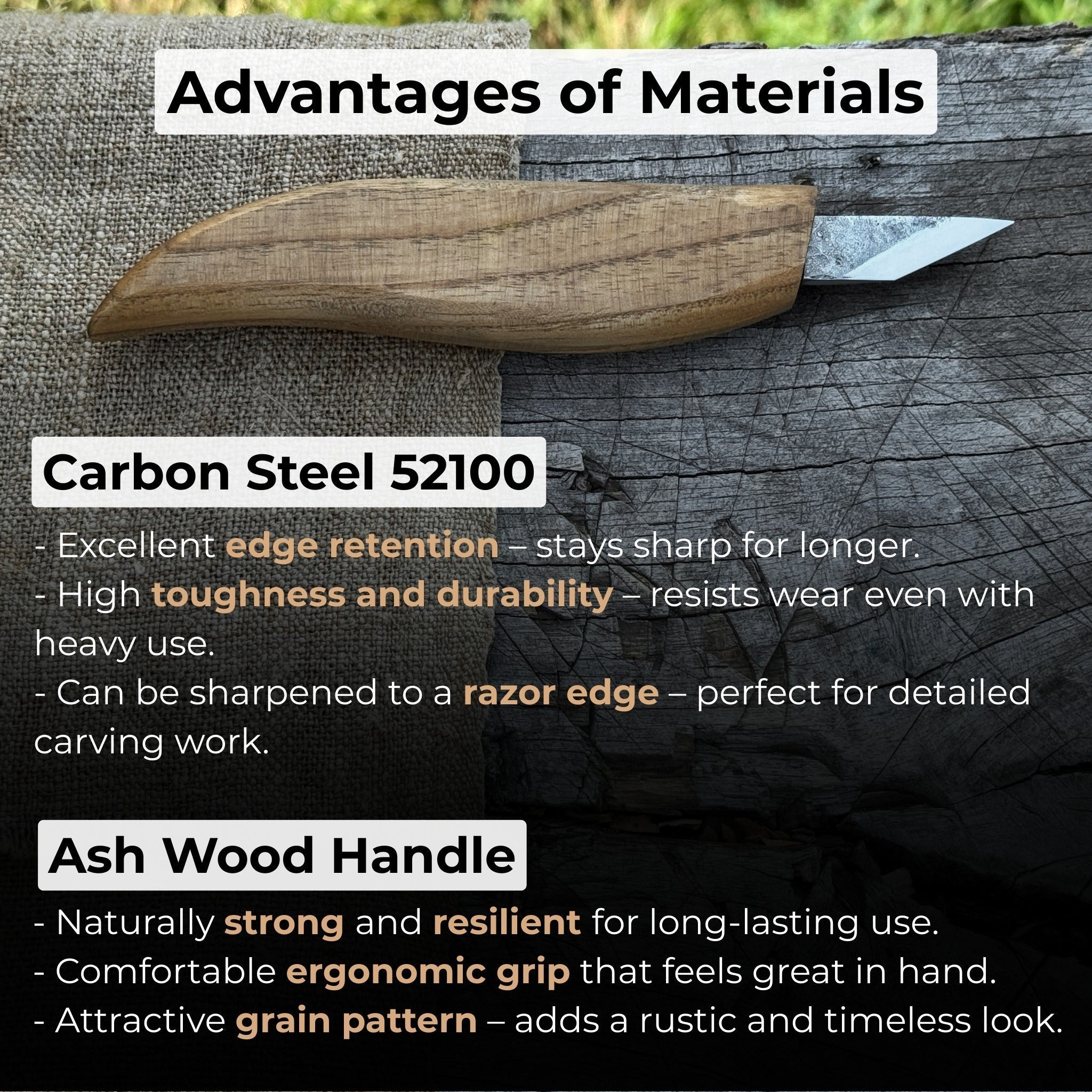 Detail wood carving knife with 2.5 cm blade and ash wood handle by Sharky Forged Steel Tools