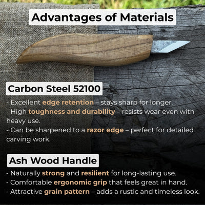 Detail wood carving knife with 2.5 cm blade and ash wood handle by Sharky Forged Steel Tools