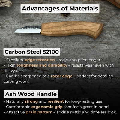 Detail wood carving knife with 5 cm blade and ash wood handle by Sharky Forged Steel Tools