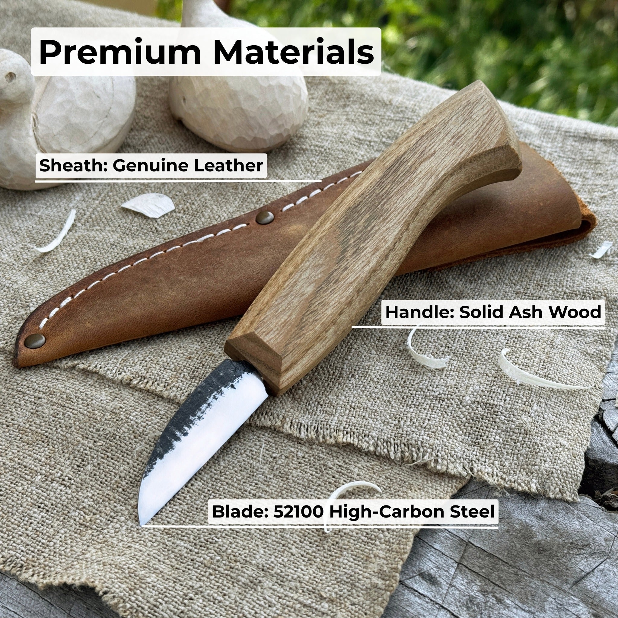 Detail wood carving knife with 5 cm carbon steel blade and leather sheath