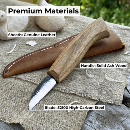 Detail wood carving knife with 5 cm carbon steel blade and leather sheath
